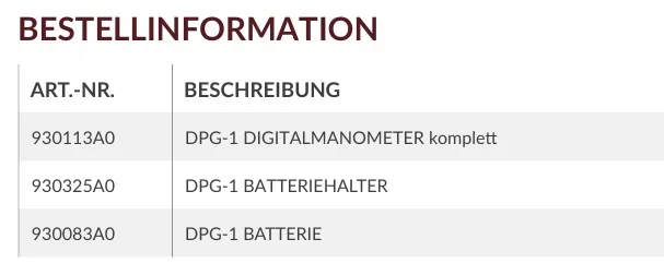 DIGITALMANOMETER DPG-1 Bestellinformation