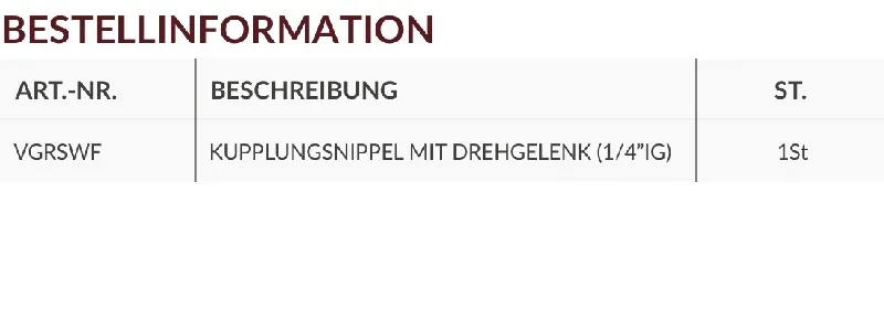 Kupplungsnippel Bestellinformation