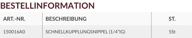Schnellkupplungsnippel Bestellinformation